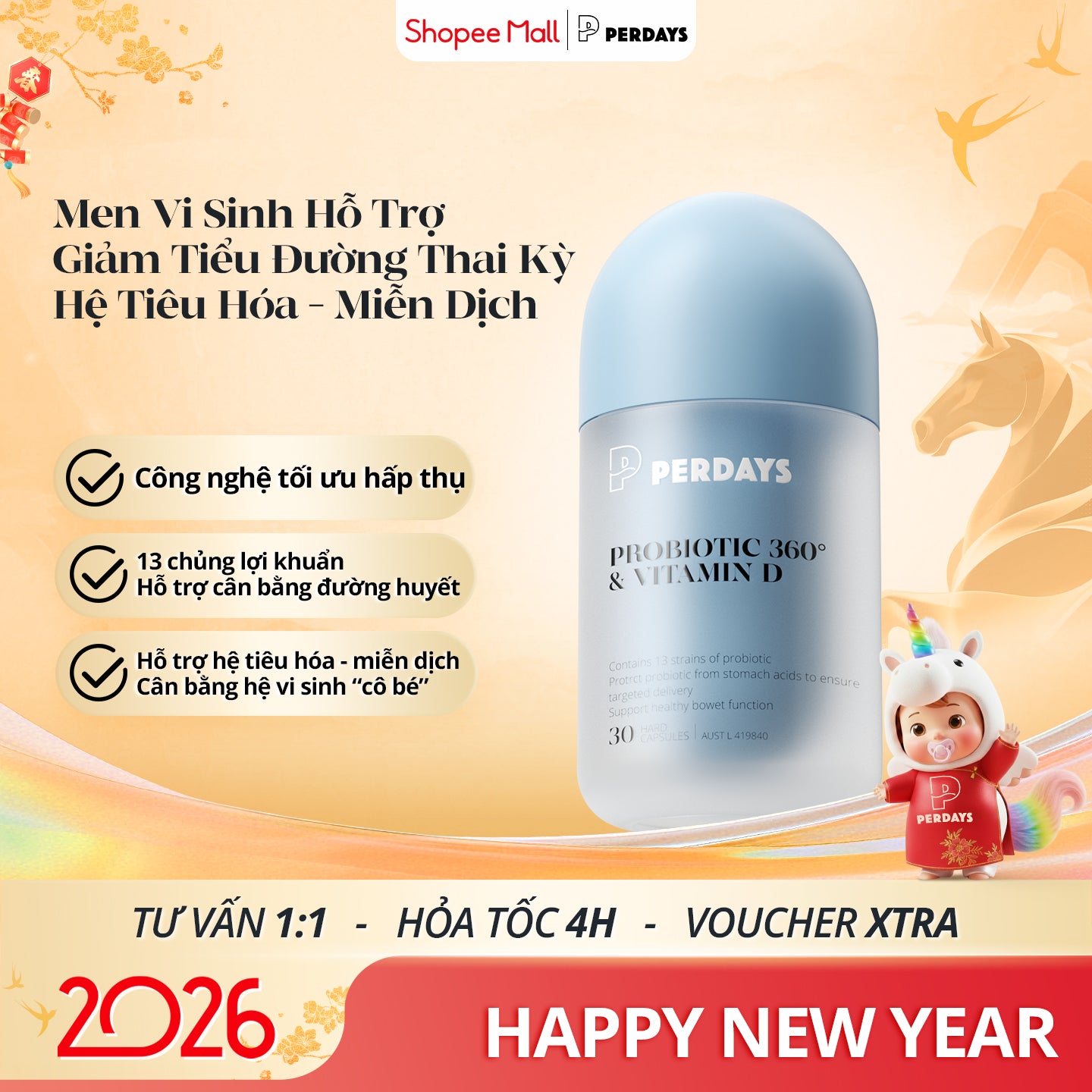 Viên uống bổ sung Men Vi Sinh Cho Mẹ Bầu - PERDAYS Probiotic 360 & Vitamin D