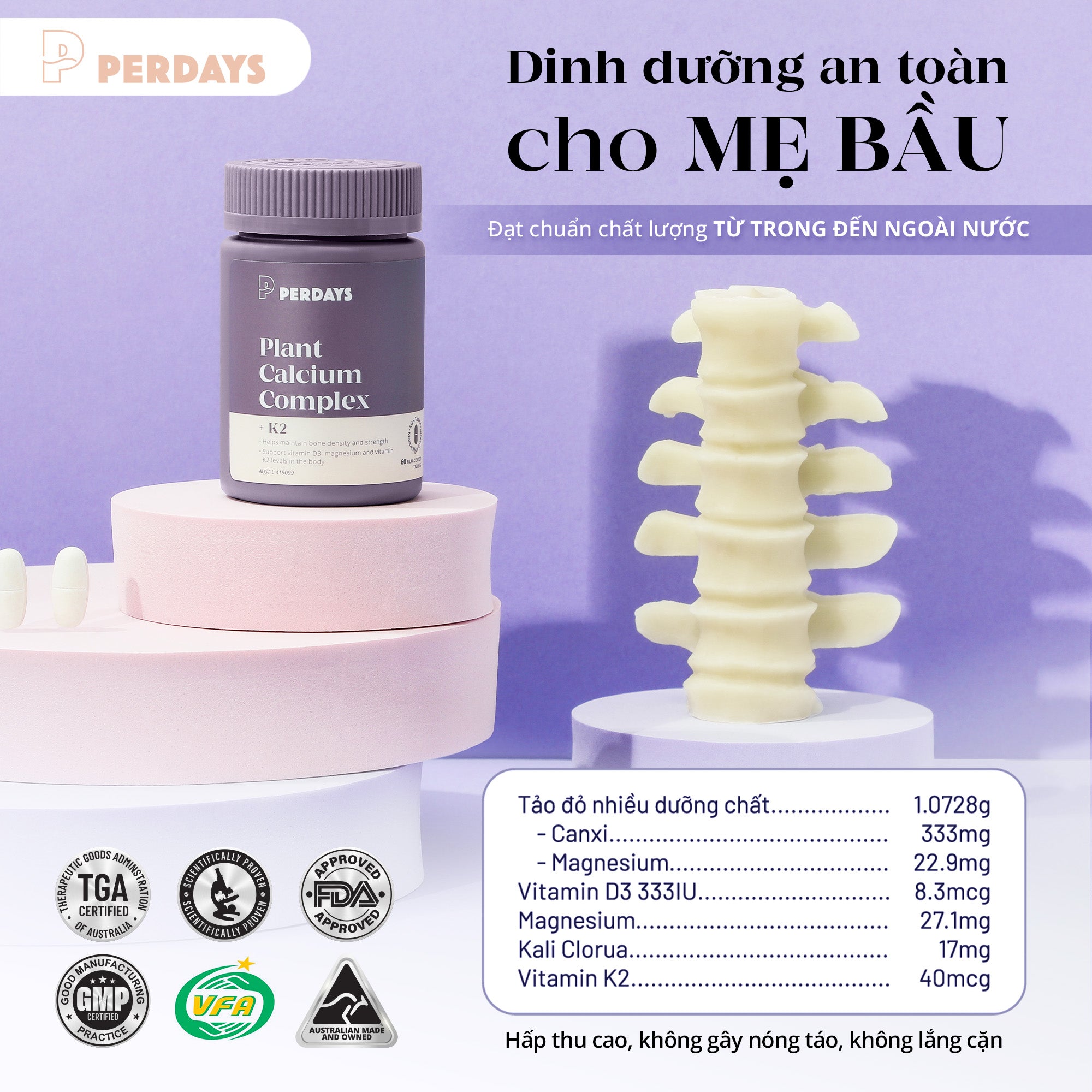 Viên uống bổ sung Canxi Hữu Cơ Tảo Biển Đỏ - PERDAYS Plant Calcium Complex + K2