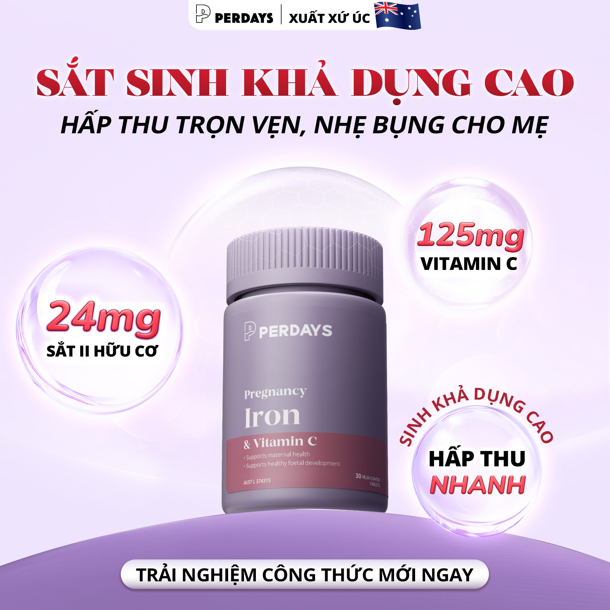 Viên uống bổ sung Sắt Hữu Cơ Sinh Khả Dụng Cao - Perdays Pregnancy Iron & Vitamin C - Hỗ Trợ Bổ Sung Sắt