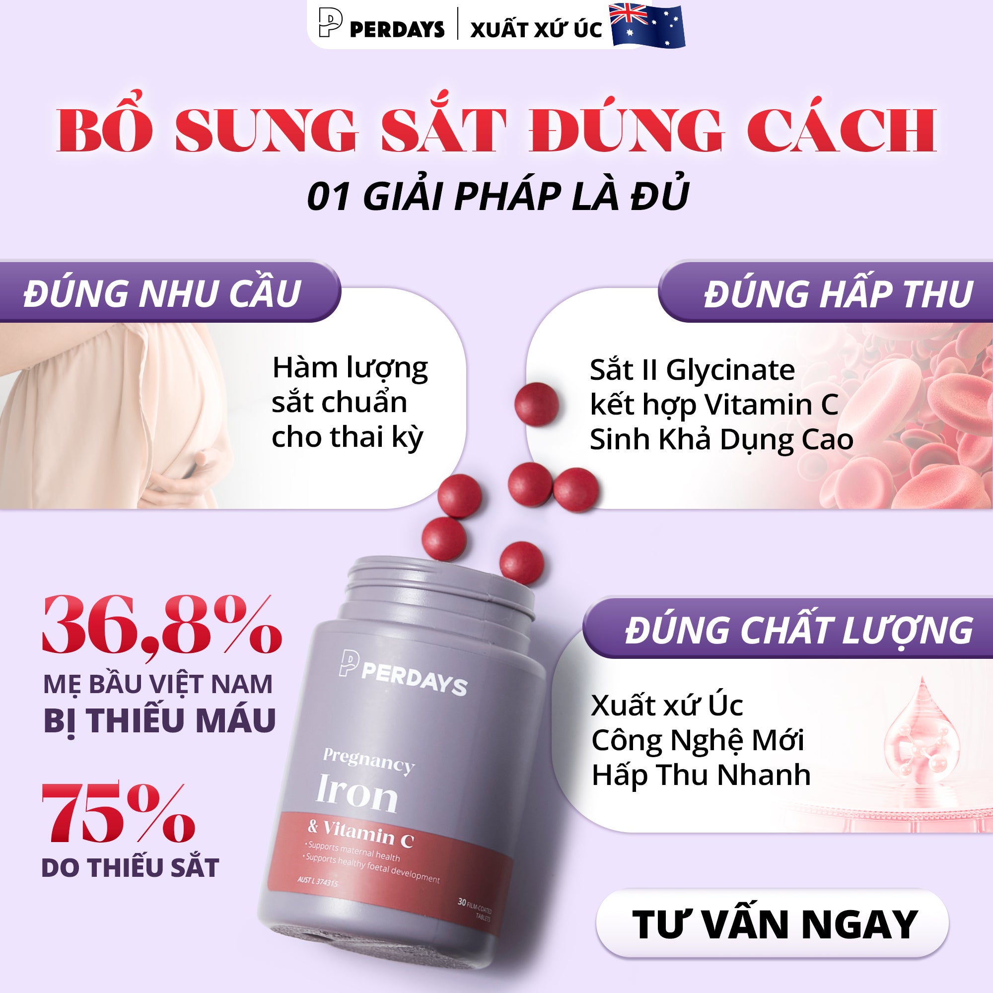 Viên uống bổ sung Sắt Hữu Cơ Sinh Khả Dụng Cao - Perdays Pregnancy Iron & Vitamin C - Hỗ Trợ Bổ Sung Sắt