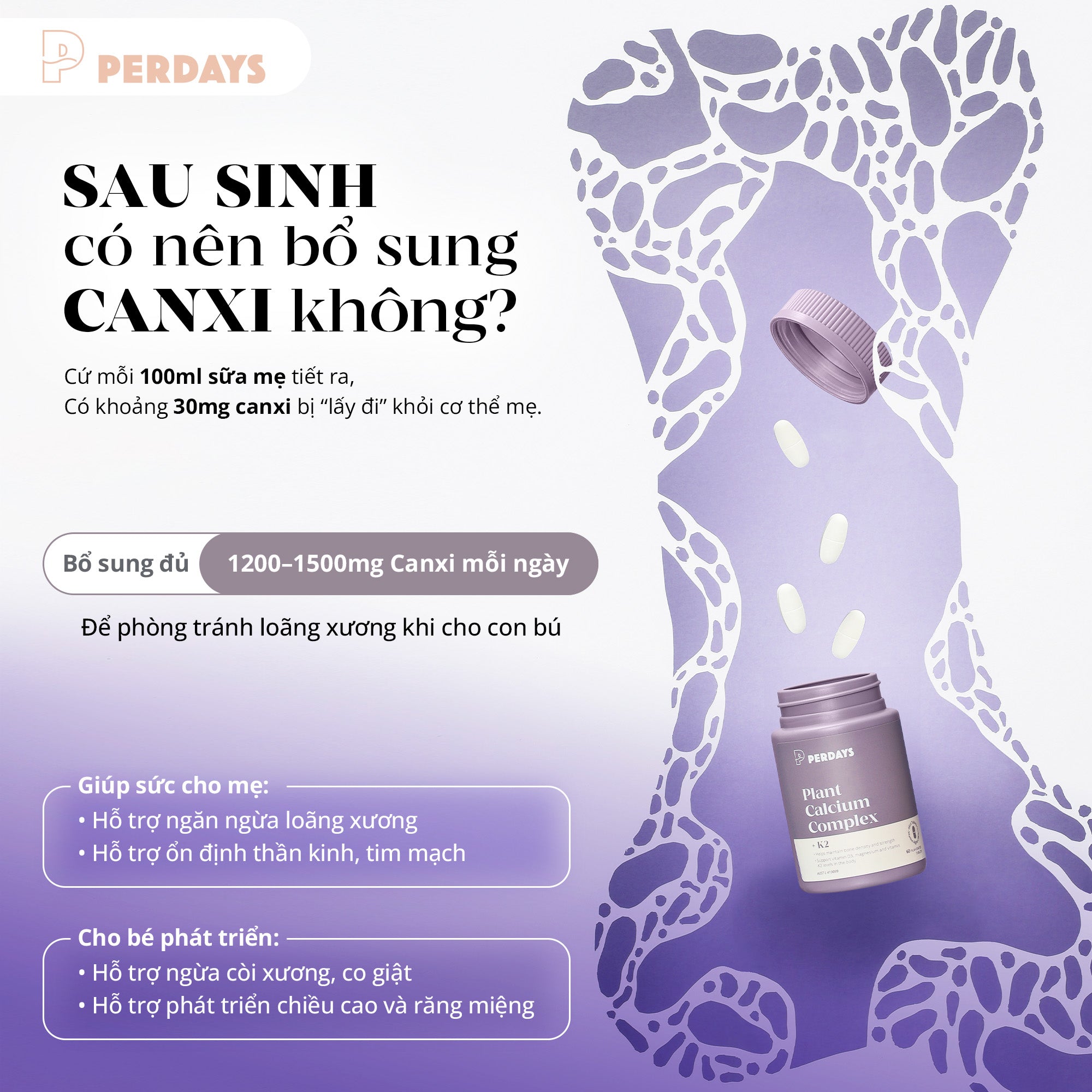 Viên uống bổ sung Canxi Hữu Cơ Tảo Biển Đỏ - PERDAYS Plant Calcium Complex + K2