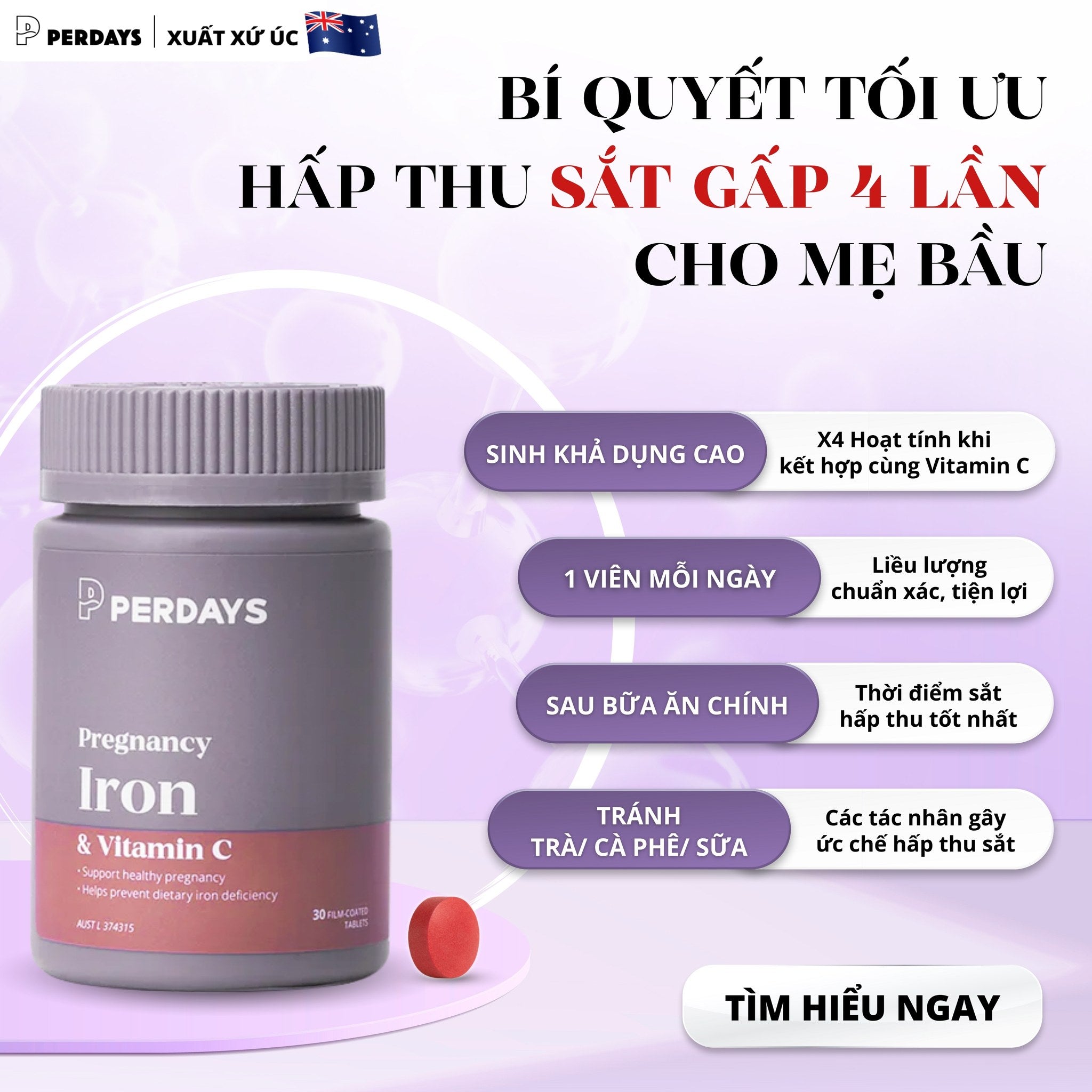 Viên uống bổ sung Sắt Hữu Cơ Sinh Khả Dụng Cao - Perdays Pregnancy Iron & Vitamin C - Hỗ Trợ Bổ Sung Sắt