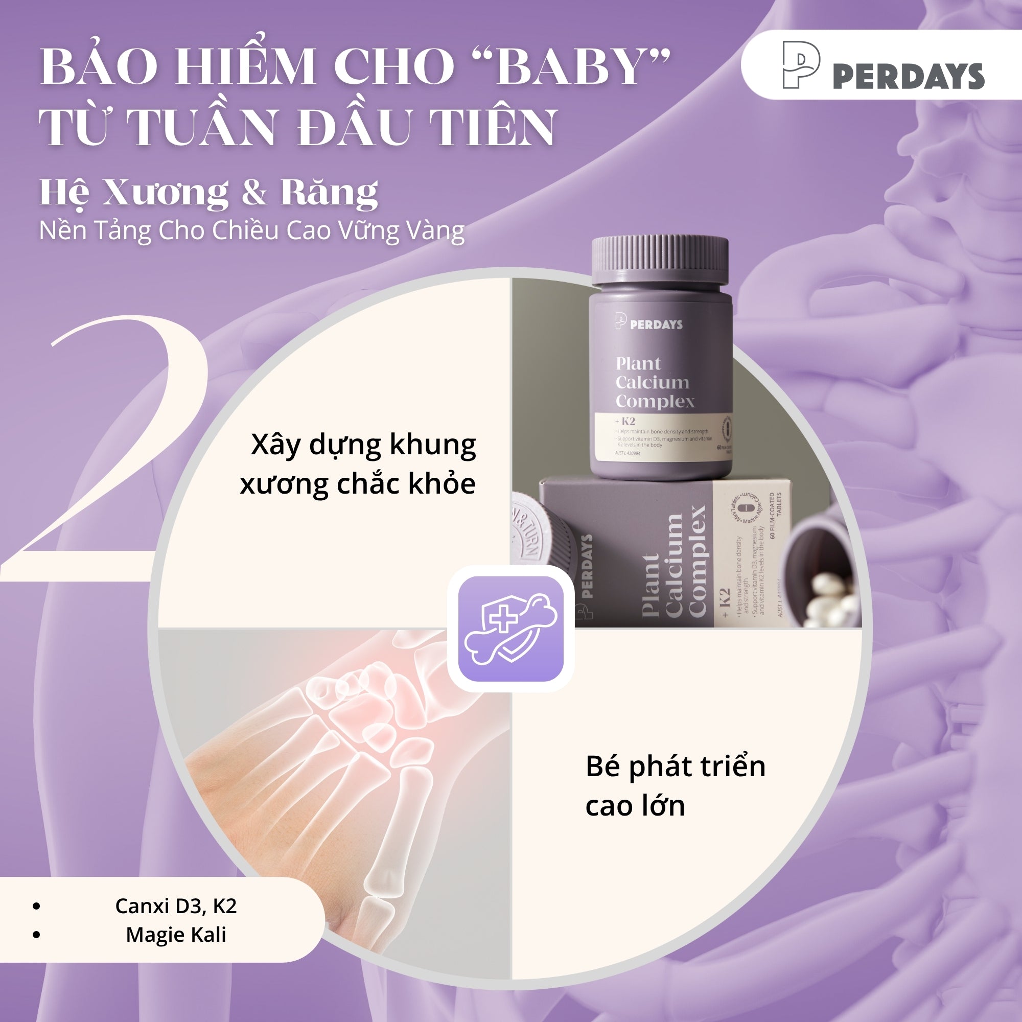 Viên uống bổ sung Canxi Hữu Cơ Tảo Biển Đỏ - PERDAYS Plant Calcium Complex + K2