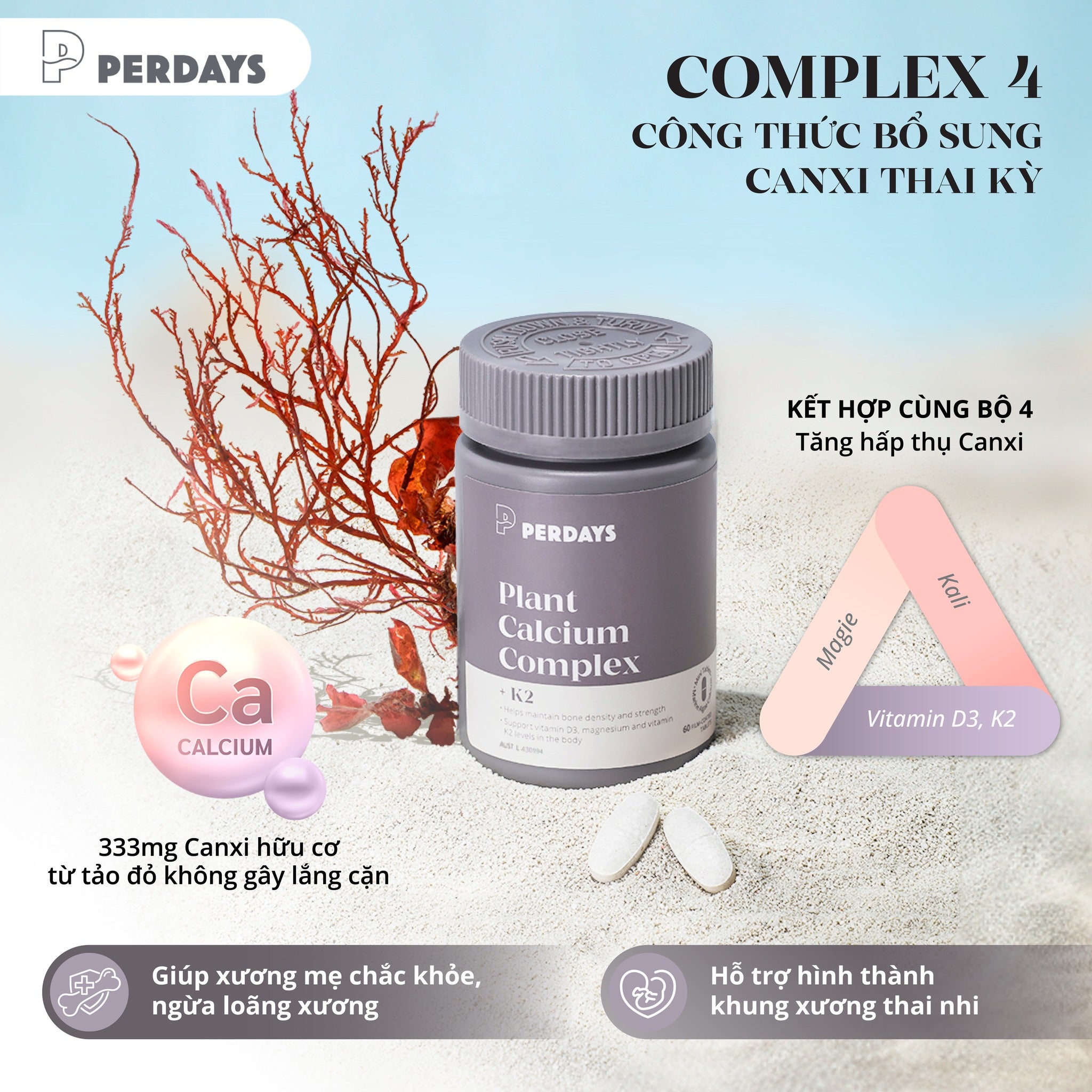 Viên uống bổ sung Canxi Hữu Cơ Tảo Biển Đỏ - PERDAYS Plant Calcium Complex + K2