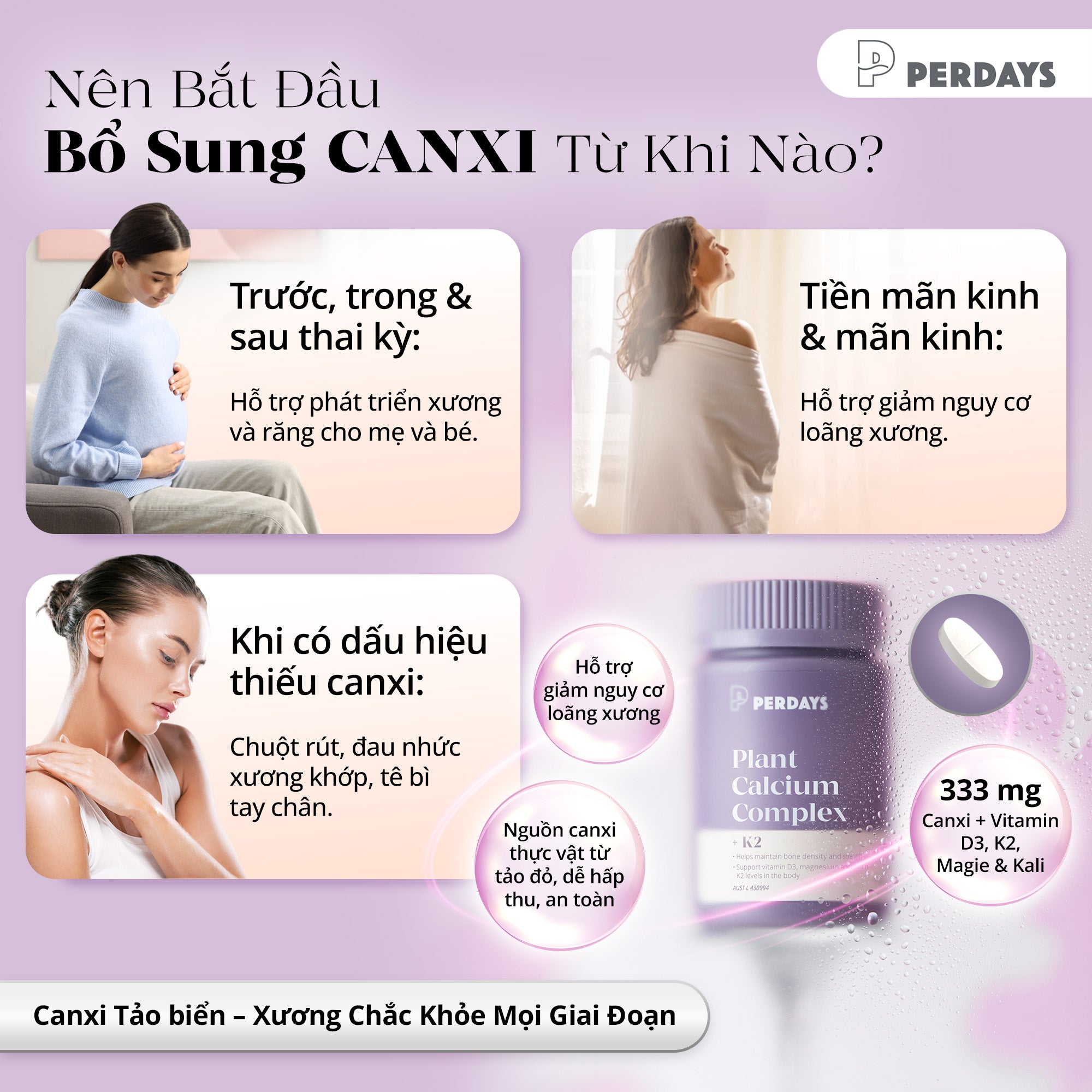 Viên uống bổ sung Canxi Hữu Cơ Tảo Biển Đỏ - PERDAYS Plant Calcium Complex + K2