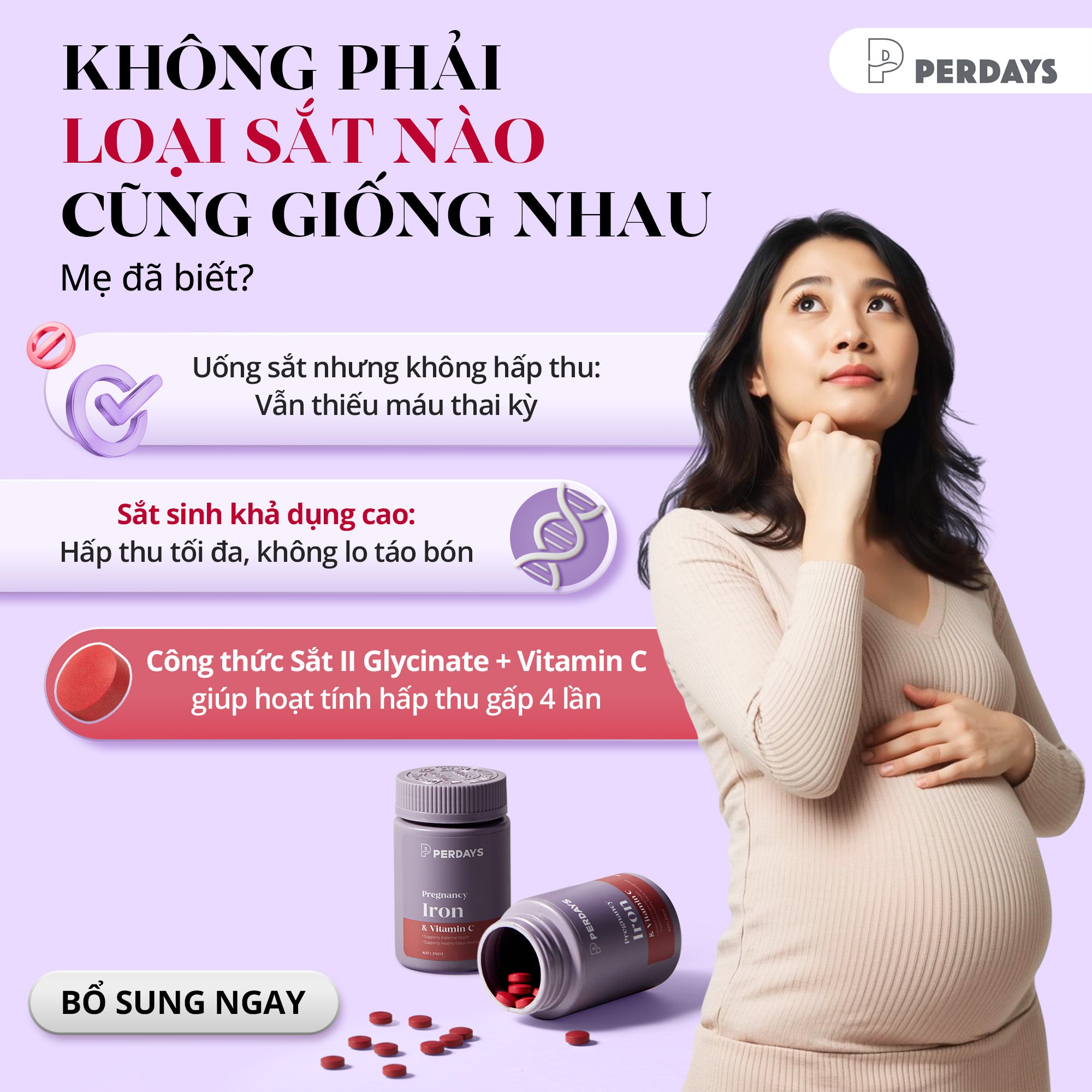 Viên uống bổ sung Sắt Hữu Cơ Sinh Khả Dụng Cao - Perdays Pregnancy Iron & Vitamin C - Hỗ Trợ Bổ Sung Sắt