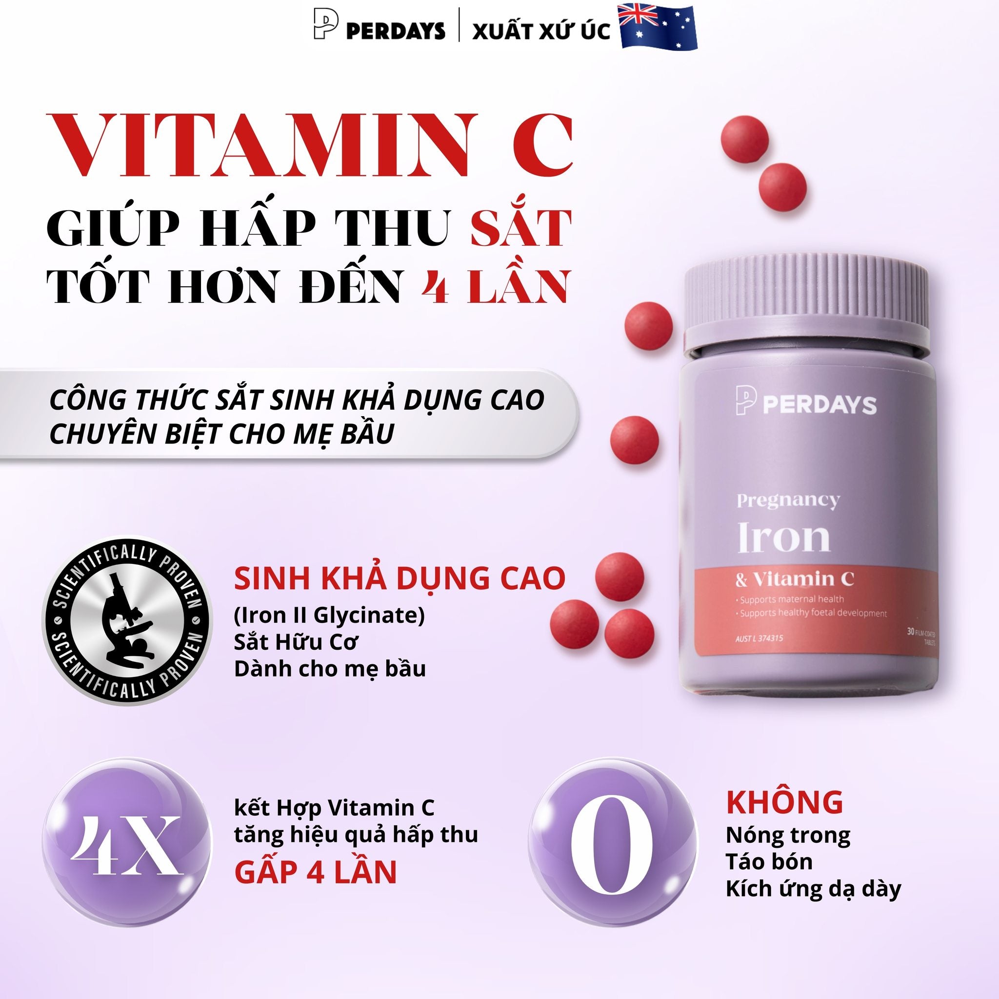 Viên uống bổ sung Sắt Hữu Cơ Sinh Khả Dụng Cao - Perdays Pregnancy Iron & Vitamin C - Hỗ Trợ Bổ Sung Sắt