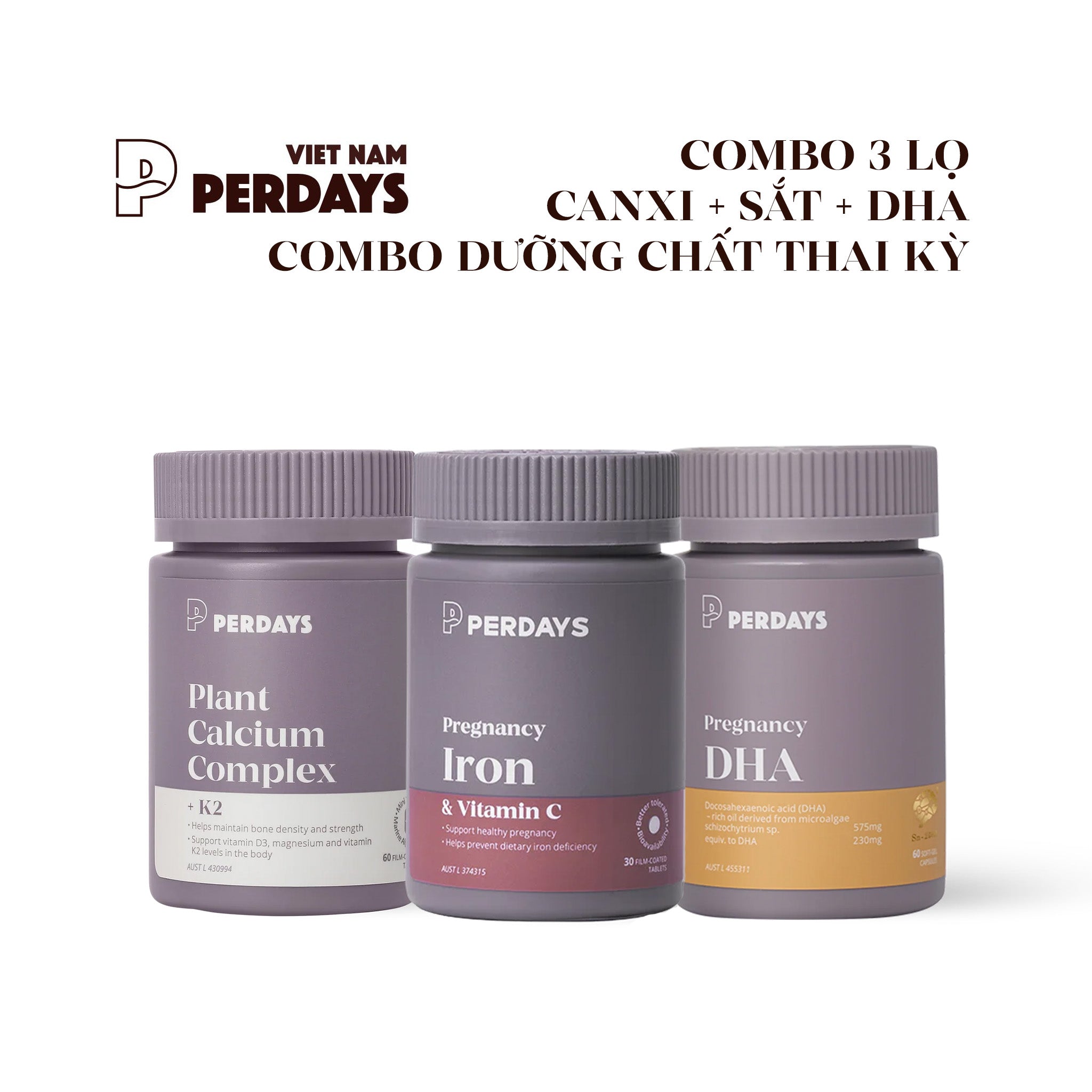 Combo Sắt + Canxi + DHA cho mẹ bầu - Bổ sung dưỡng chất hỗ trợ thai kỳ - [COMBO 3 LỌ]
