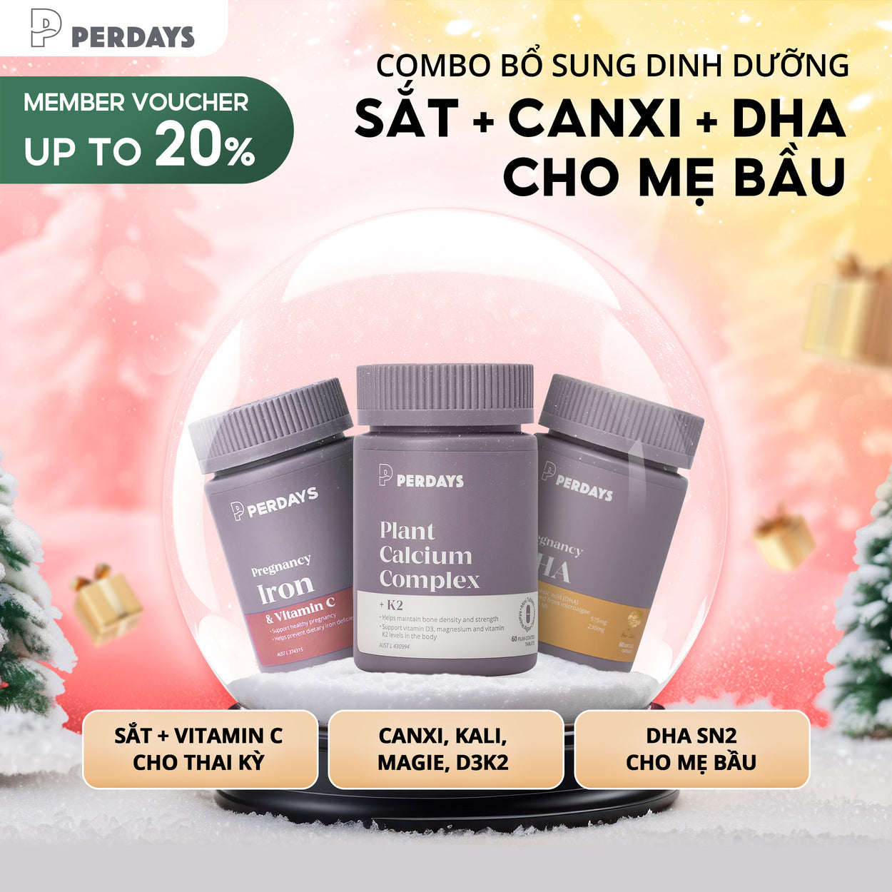Combo Sắt + Canxi + DHA cho mẹ bầu - Bổ sung dưỡng chất hỗ trợ thai kỳ - [COMBO 3 LỌ]