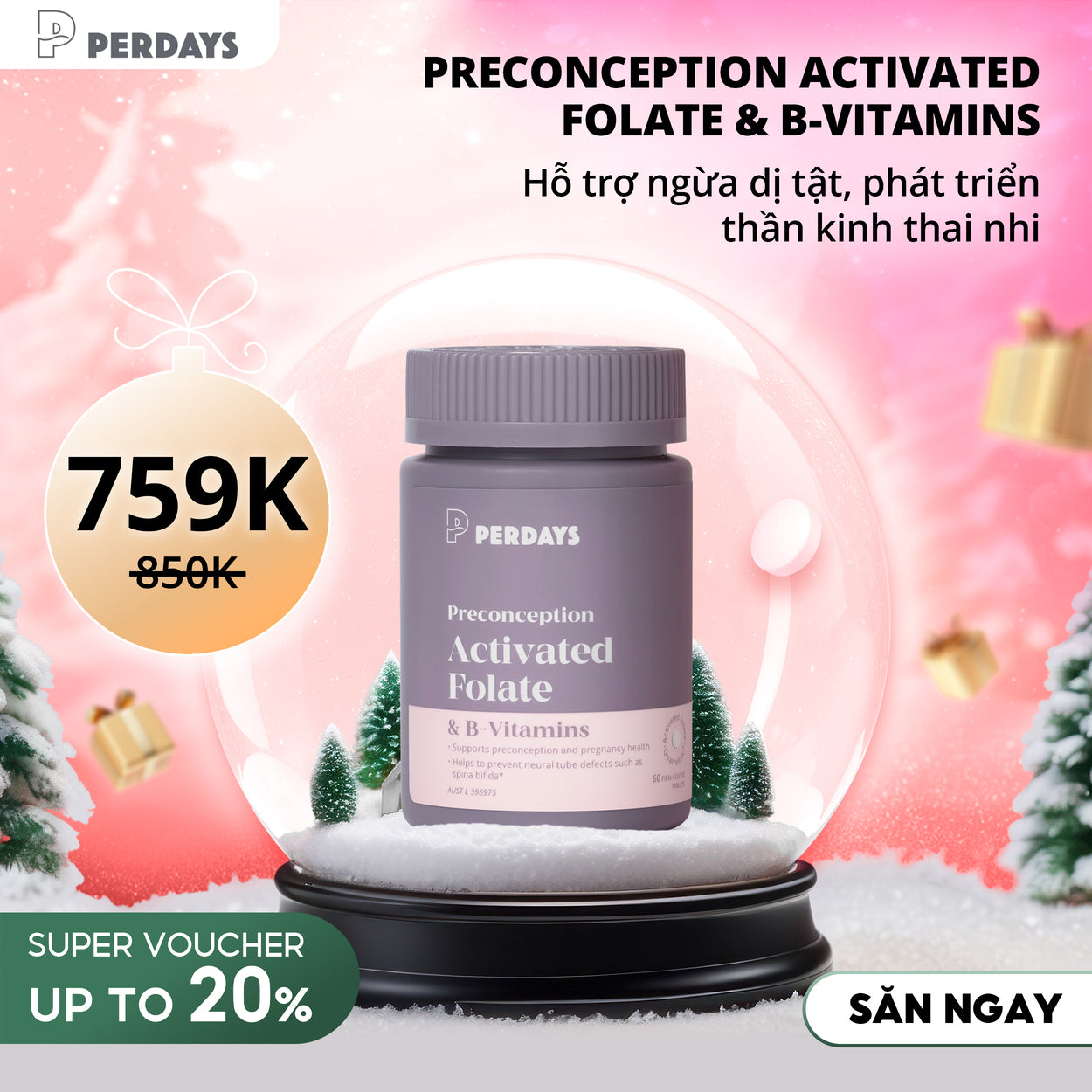 Viên Uống Acid Folic 5-MTHF & Vitamin B - PERDAYS Activated Folate