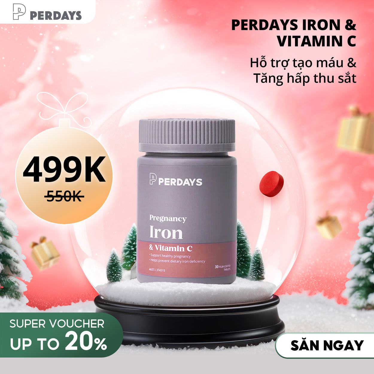 Sắt Hữu Cơ - Perdays Pregnancy Iron & Vitamin C - Hỗ Trợ Bổ Sung Sắt